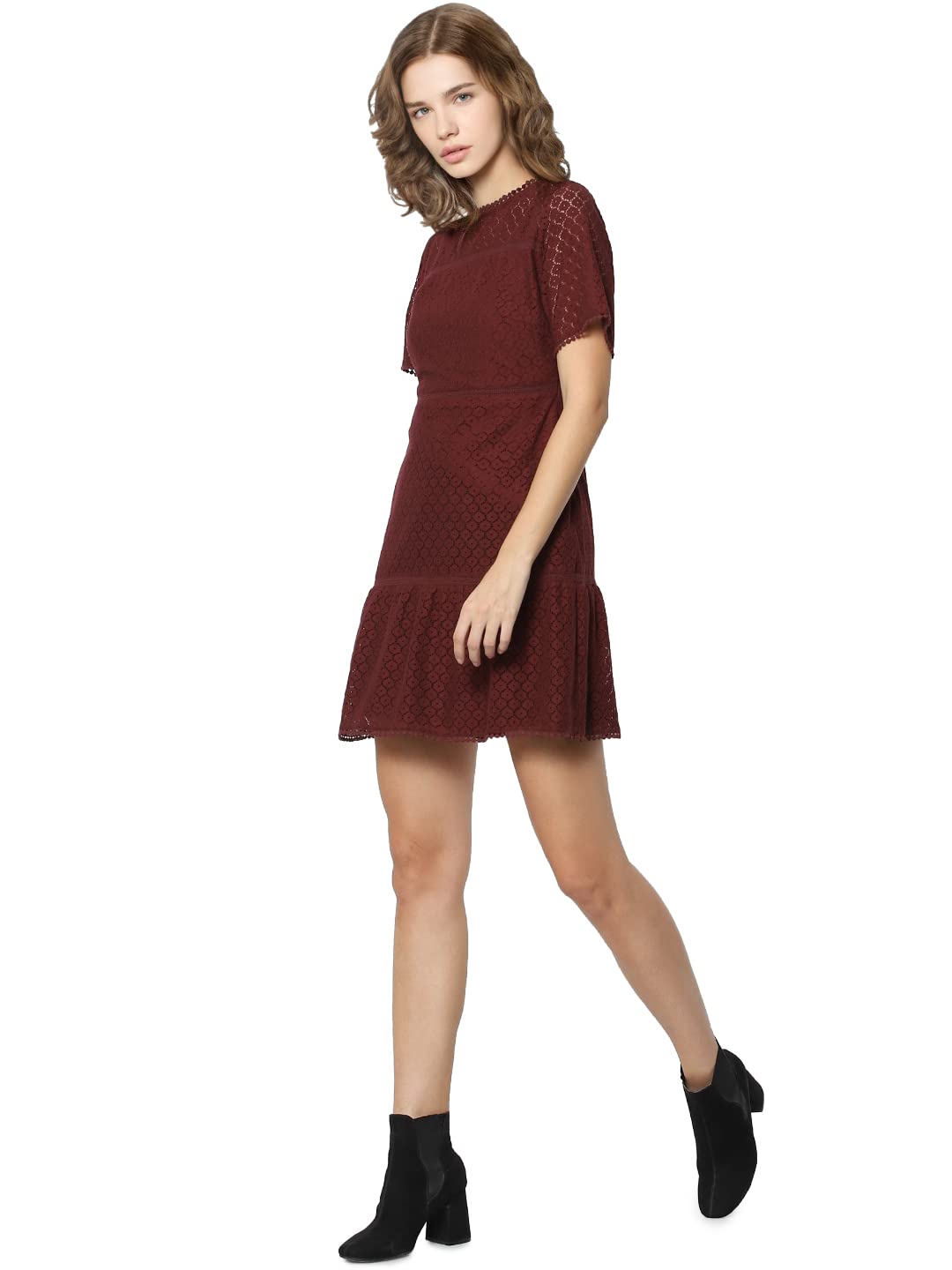 Only Women's Above The Knee Dress (15261118-Fig_Fig_Maroon_XS)