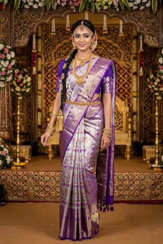 VFCollections Women's Traditional Handloom Kanchipuram Silk Pure Pattu Sarees | Rich Zari Woven Design | Bridal Saree | Unstitched Blouse (VFC718-4)