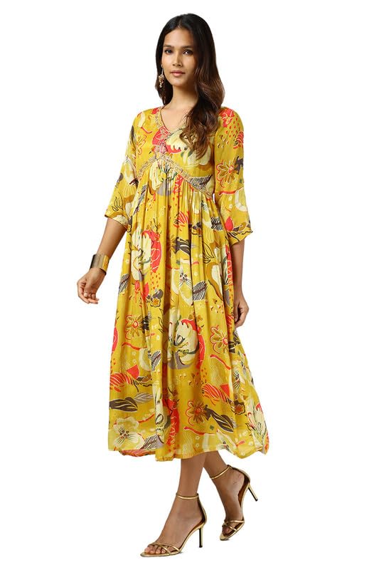 Soch Womens Mustard Chinon Floral Print Dress with Sequins