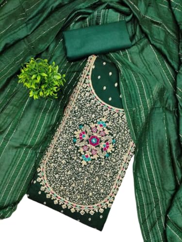 VARNI FABRICS Chinnon Dress Material for Women Digital Print Unstitched Woman Salwar Suit Dress Material With Chinnon Dupatta Deep Green