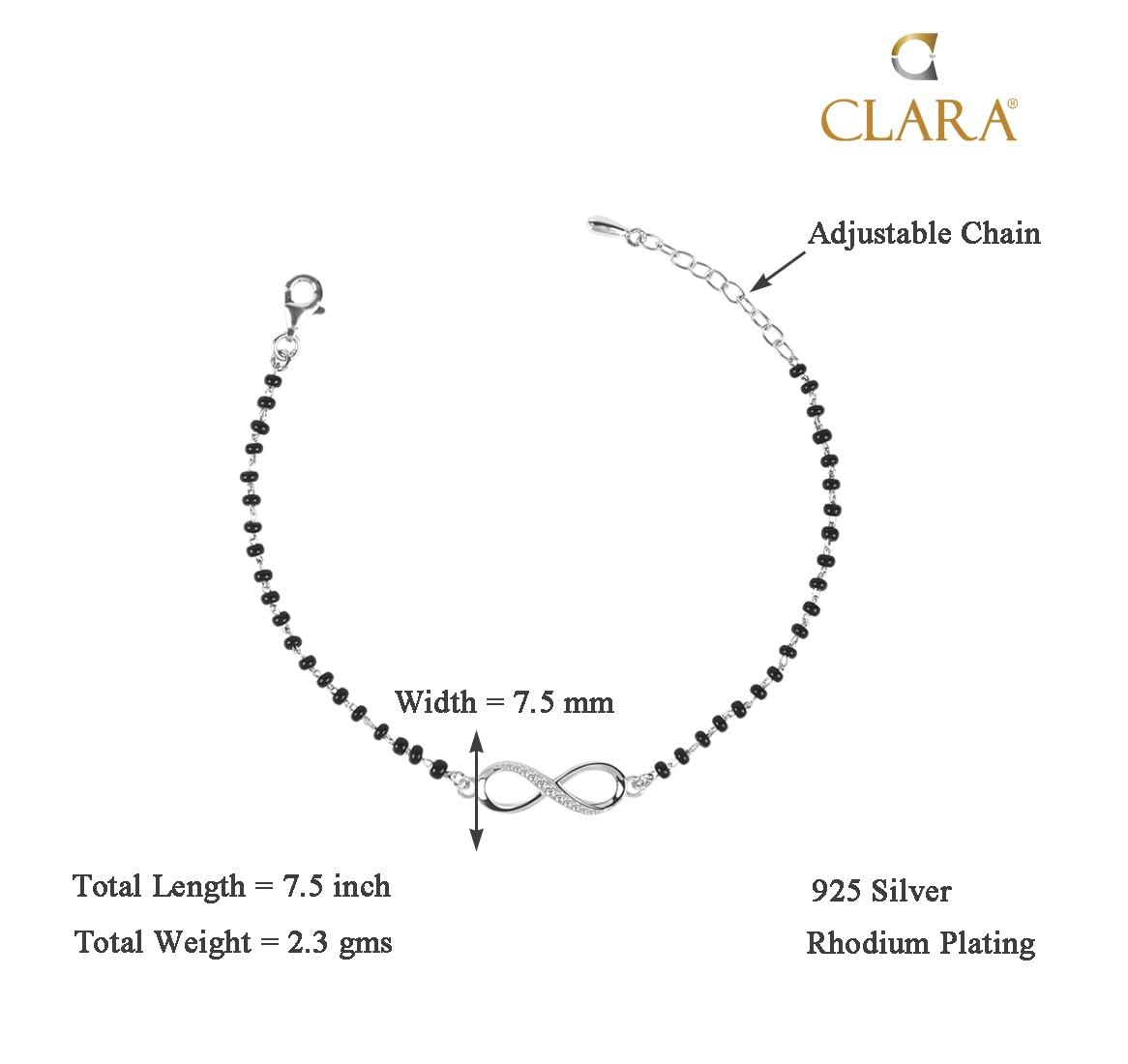 Clara Womens 925 Sterling Silver Infinity Hand Mangalsutra Bracelet | Black Beads, Rhodium Plated | Gift For Wife