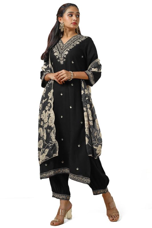 Soch Womens Black Rayon Embroidered Suit Set With Sequins