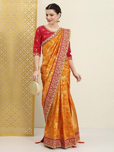TRENDMALLS Women's Pure Silk Embroidery Work Saree with Unstitch Blouse Piece (K1113-Orange)