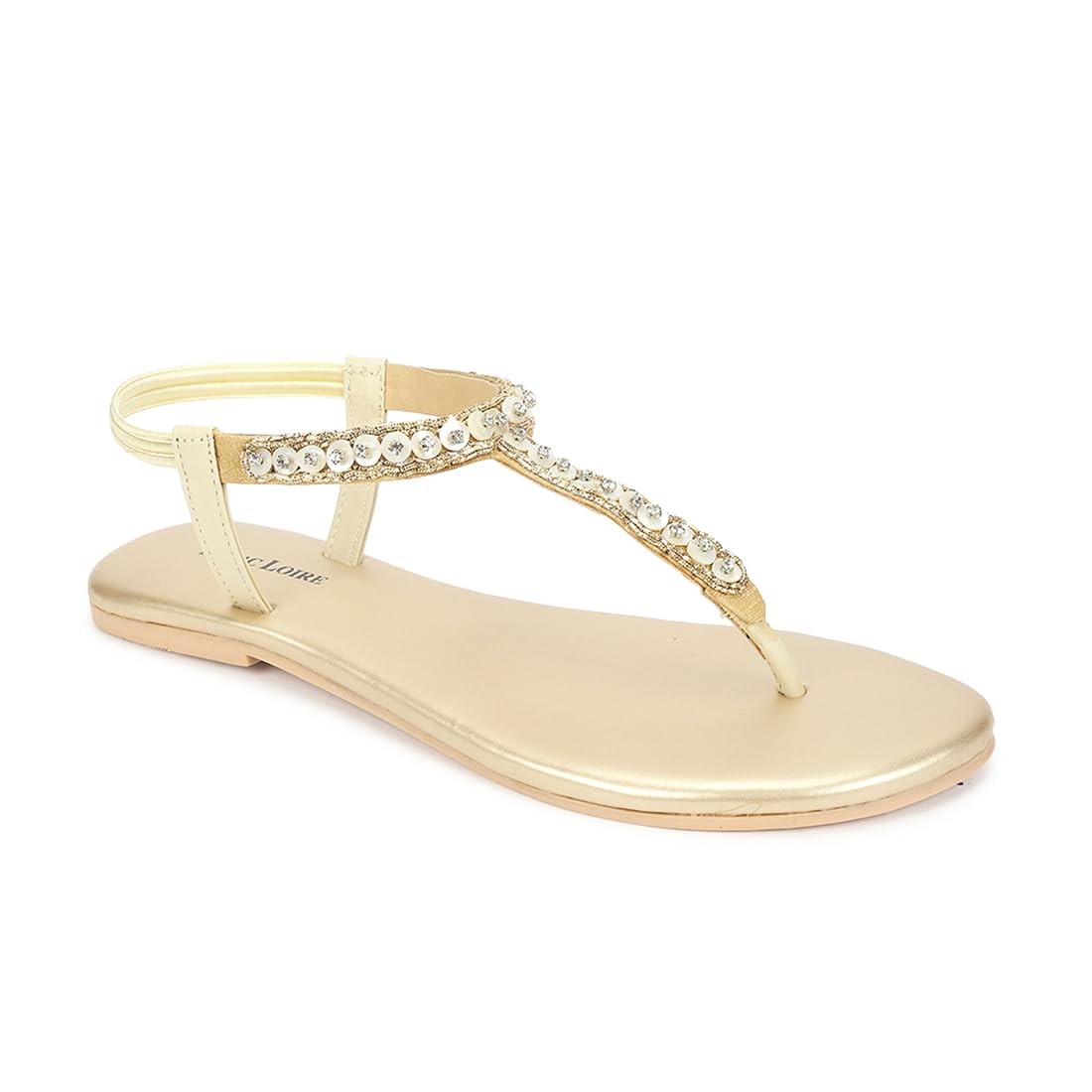 Marc Loire Embellished T-Strap Flat Fashion Sandals for Women (Gold, UK Footwear Size System, Adult, Women, Numeric, Medium, 3)