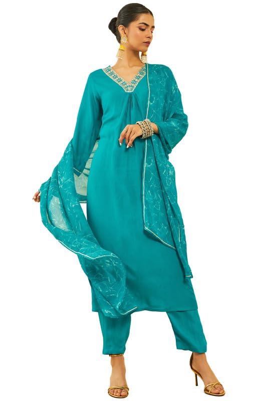 Soch Womens Teal Muslin V-Neck Suit Set With Gotta Patti