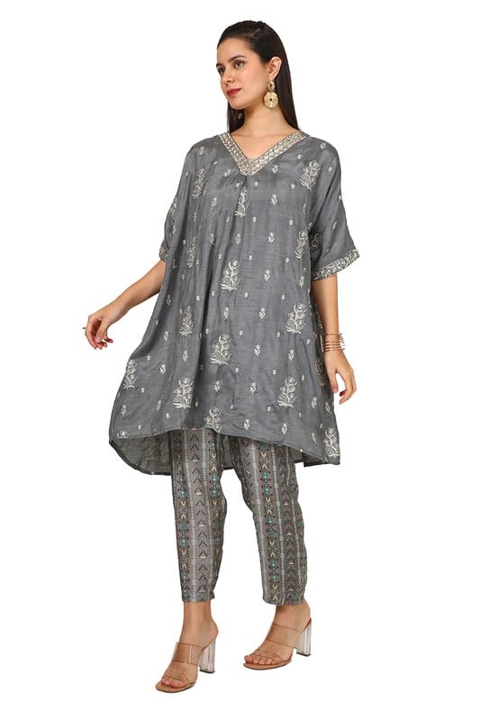 Soch Womens Grey Viscose Blend Embroidered Co-Ord Set With Mirror Work