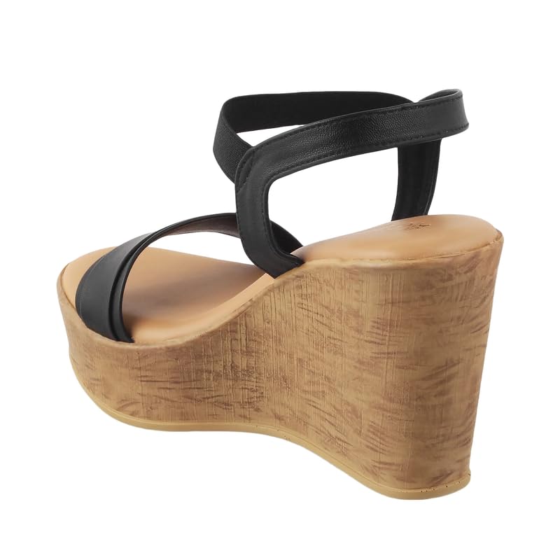 tresmode Pagiri Women’s Black Wedge Sandals | Vegan Leather | TPR Sole in Size 2 UK / 35 EU