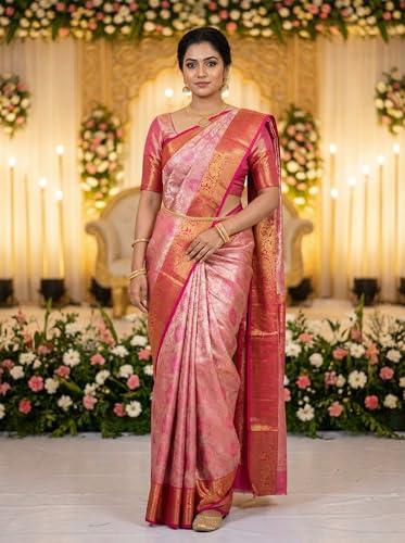 MIMOSA Women’s Rani Pink Art Silk Saree Woven with Zari Tissue | Kanjivaram Style Saree | Rich Pallu & Tassels | 6.2 Mtr