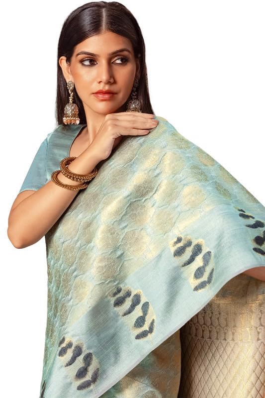 Soch Womens Powder Blue Tussar Zari Woven Saree With Tassels