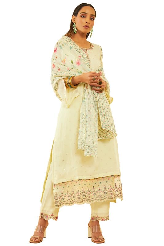 Soch Womens Light Yellow Organza Woven Design Suit Set With Beads Work