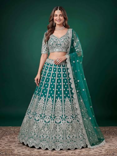 Zeel Clothing Women's Zari Sequins Embroidered Work Soft Net Lehenga Choli With Dupatta (6013-Rama-Womens-Lehenga-Choli-New; Free size)