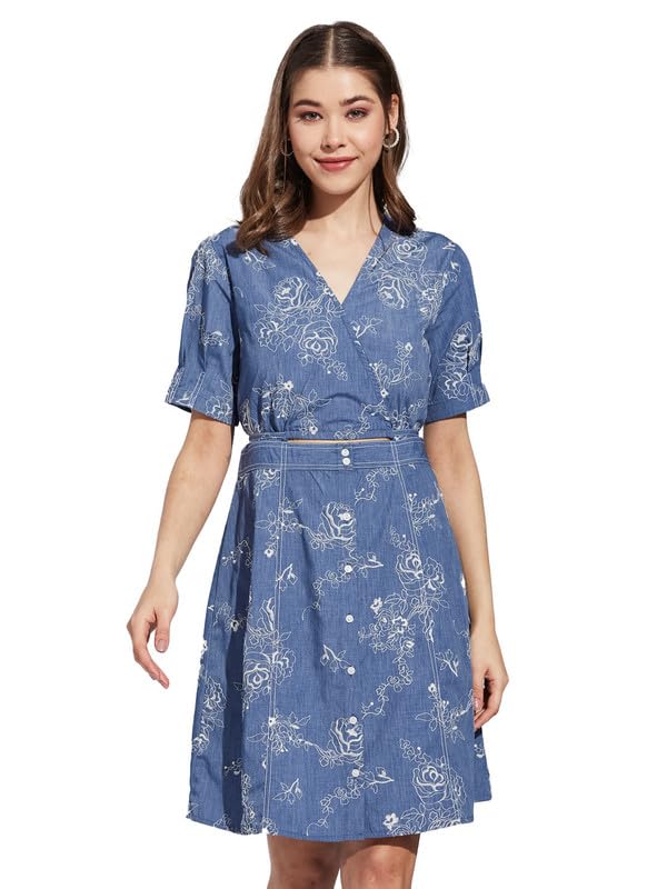 Latin Quarters Women Blue V-Neck Half Sleeve Printed A-Line Dress_L