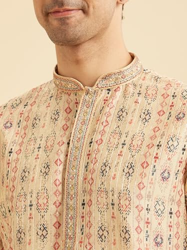 Manyavar Men's Art Silk Printed with Thread Work Kurta Set (Beige,S)