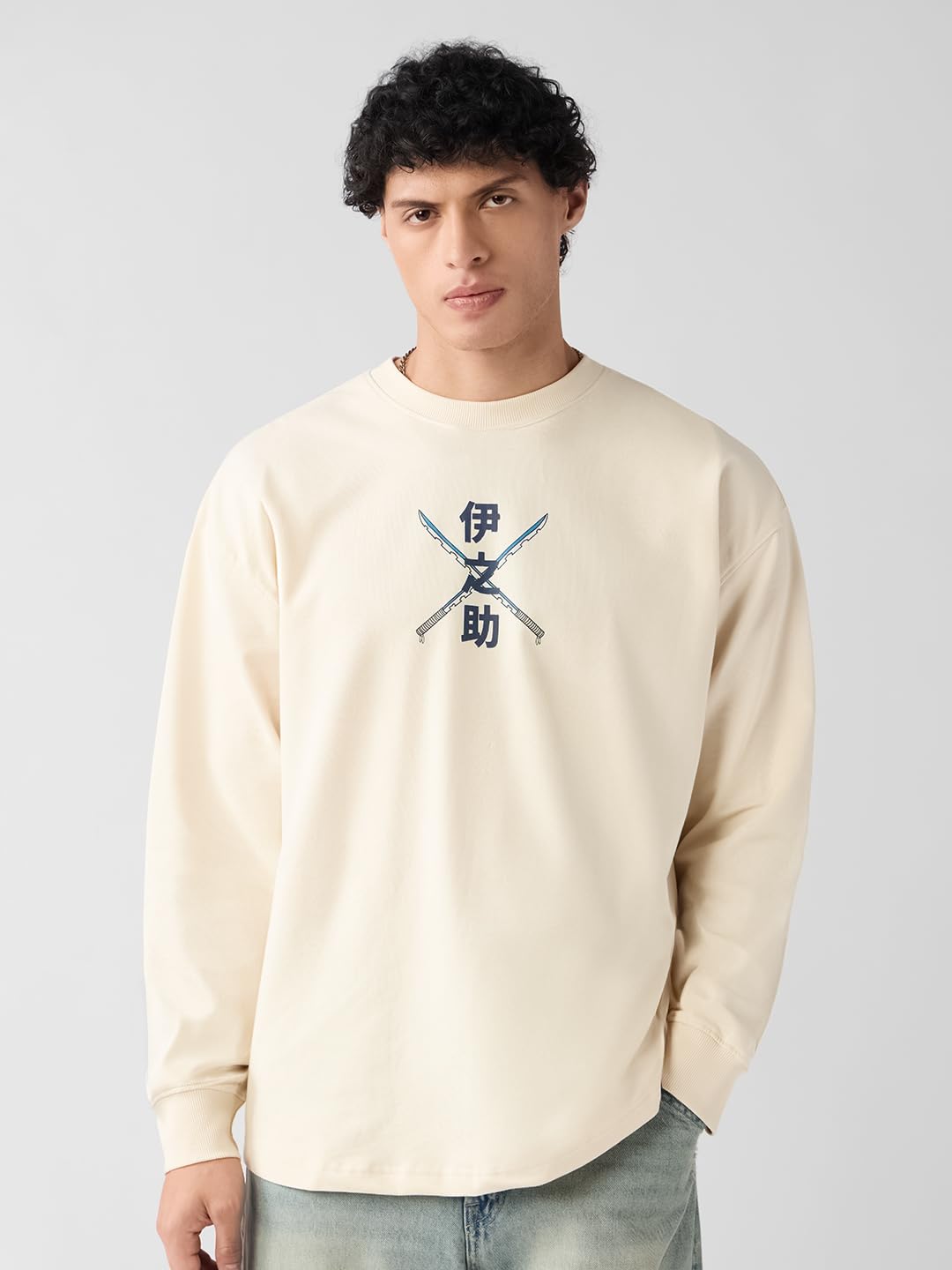 The Souled Store Demon Slayer: Inosuke Men and Boys Long Sleeves Round Neck Graphic Printed Cotton Oversized Comfortable Lightweight All-Season T-Shirt