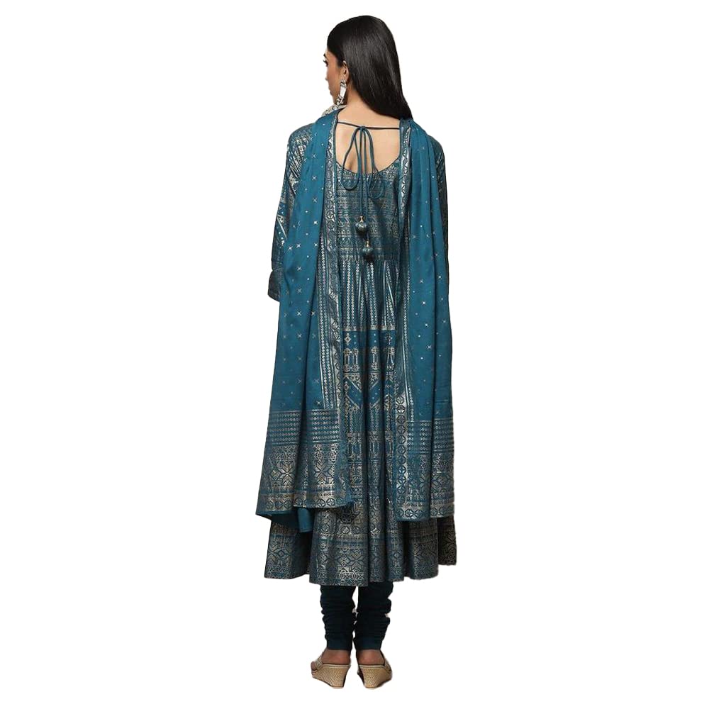 BIBA Women's Cotton Printed Fitted Salwar Kurta Dupatta (Skdsummer S8499_Teal_34)