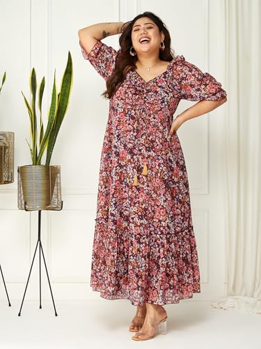 Miss Chase A+ Women's V Neck Puff Sleeve Floral Ankle Length Dress (APAW21D06-35-252-10, Multicolored-Base-Wine, 5XL)