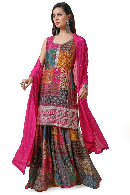 Soch Womens Fuchsia Chinon Abstract Print Suit Set with Zardosi