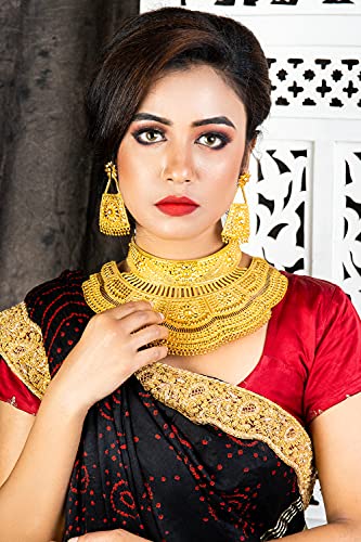 MANIKYA Bridal Wedding Traditional Trendy 24Ct Gold Plated Bridal Choker With Earrings Necklace Set For Women And Girls.. (Design 4).