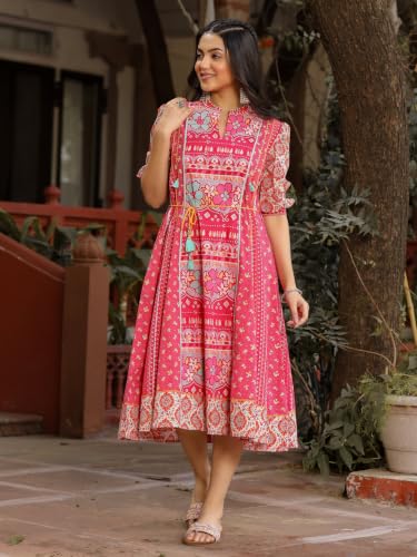 Juniper Pink Floral Printed Pure Cotton Dress & Doris with Beads Work