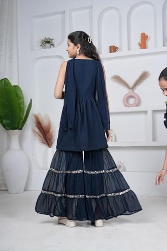 DIGILINE Girls Sharara Set Blue Georgette Embroidered Kurti Sharara Dupatta | Sleeveless Square Neck Anarkali Style Ethnic Set for Girls