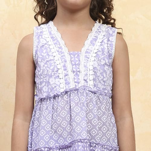 BIBA Girl's Purple Cotton Tiered Printed Kurta Salwar Set