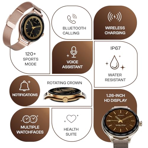 Fire-Boltt Phoenix Aura Women Smart Watch with 1.26” Diamond-Cut HD Display, Rotating Crown, Wireless Charging, Bluetooth Calling, Voice Assistant, 120+ Sports Modes - Silk Champagne