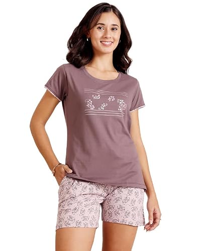 BODYCARE Women's Cotton Printed T-Shirt and Shorts Set | Soft & Breathable Nightwear | Short Sleeves | Loungewear Co-Ord Set | BSSS17037_100 Multicolour