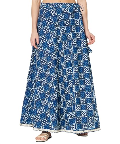 studio rasa Women's Cotton Printed Embellished Bias Skirt for Wedding Festive Party (SKTC52406_Blue_Medium)