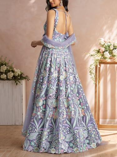 Zeel Clothing Women's Sequins Embroidered Work Soft Net Lehenga Choli With Dupatta (6020-Women-Lehenga-Choli-Latest; Free size) (White) (Purple)
