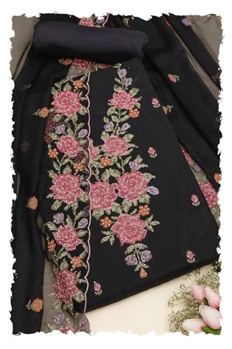 Soch Womens Black Crinkle Chiffon Floral Print Unstitch Dress Material With Stone Work