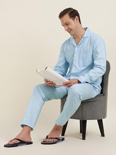 Hancock Men Cotton Checked Relaxed Fit Night Suit Blue Size S