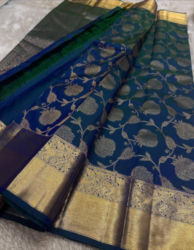 Veglari Women's Original Kanchivaram Pure Kunttli Print Hand Weving Pure Jari Jall Rajwadi Silk Sarees With Unsich Blouses Piecs For Weding