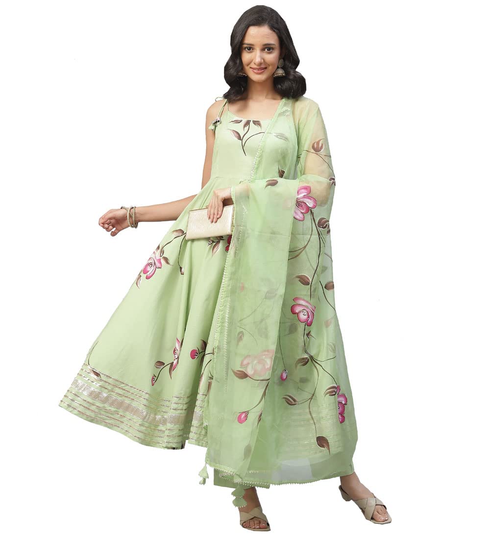 Divena Women's Cotton Anarkali Kurta Pant Set With Dupatta (DK0748-5XL_Green_5XL)