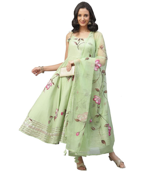 Divena Women's Cotton Anarkali Kurta Pant Set With Dupatta (DK0748-5XL_Green_5XL)