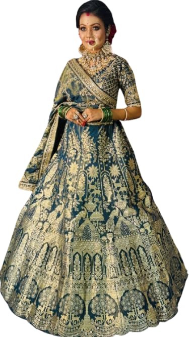 JYOTI TRENDS Designer Bridal Lehenga Choli, Heavy Embroidered, Teal and Gold, Traditional
