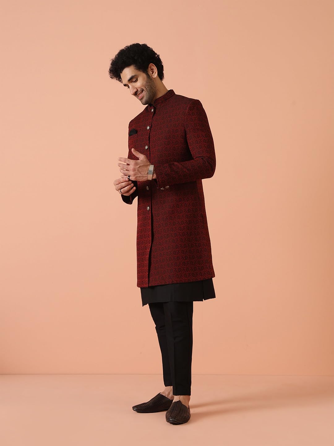 KISAH Sherwani Set for Men – Silk Blend Jacquard Indo Western Sherwani with Kurta and Trouser | Designer Ethnic Outfit for Weddings & Festivals, Maroon, 38