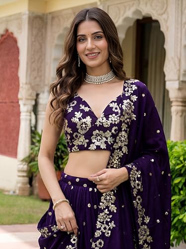 Zeel Clothing Women's Sequins and Thread Embroidered Work Georgette Lehenga Choli With Dupatta (6015-Purple-Women-Lehenga-Choli-Latest; Free size)