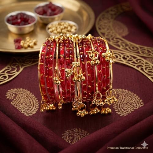 MM JEWELS Kashmiri Red Glass Bangles Set with Ghungroo Latkan for Women & Girls | Traditional Gold-Plated Bridal Churi set for Wedding & Festival | Ethnic Handcrafted Jewelry with Jingle Bell Hangings (Set of 16) (Red, 2.4)