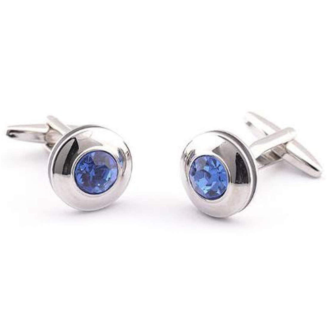 Peora Silver Plated Circular Blue Crystal Cufflinks for Men Boys Wedding Corporate Business Gift
