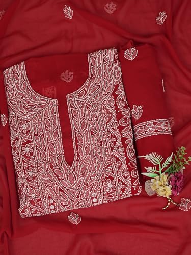 Ada Hand Embroidered Lucknowi Chikankari Unstitched Georgette Dress Material Suit Piece with Dupatta for Women 01A873546 Red