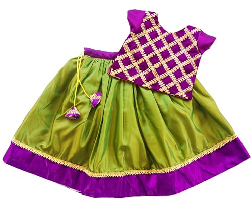 Stanwells Kids Lehenga Choli for Girls Olive Green & Purple Silk Cotton Pattu Pavadai Readymade Embroidered Traditional Stylish Ethnic Wear Dress for Baby Girls Kids Lehenga (7-8 Months)