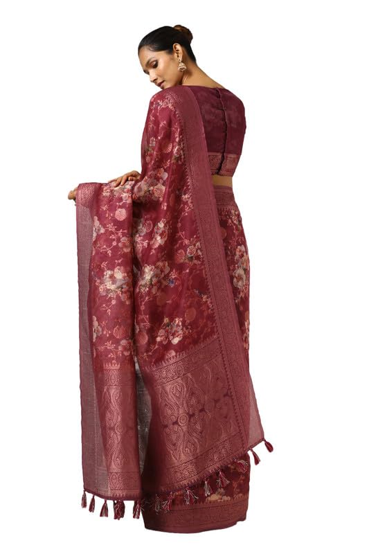 Soch Womens Wine Chanderi Woven Design Saree With Tassels