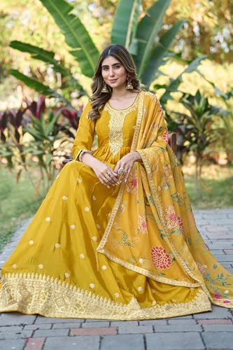 Miss Ethnik Women's Yellow Chinon Stitched Gown With Dupatta Full Sleeve Embroidered A-Line Gown (ME-1308-Yellow-3XL)
