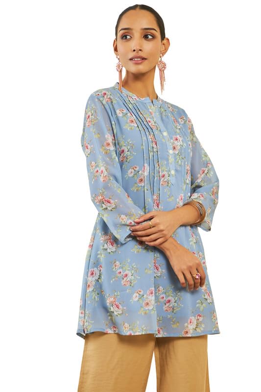 Soch Womens Blue Georgette Floral Print A-Line Tunic