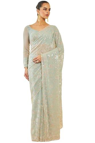 Soch Womens Sap Green Georgette Saree With Floral Embroidery And Sequins