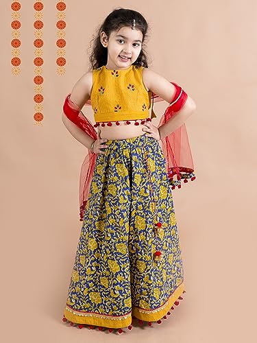 Pspeaches Girls Cotton Navy Blue Mustard Embroidered Ready To Wear Readymade Lehenga Set Blouse With Dupatta (Blue-8-10Y), 8-10 Years