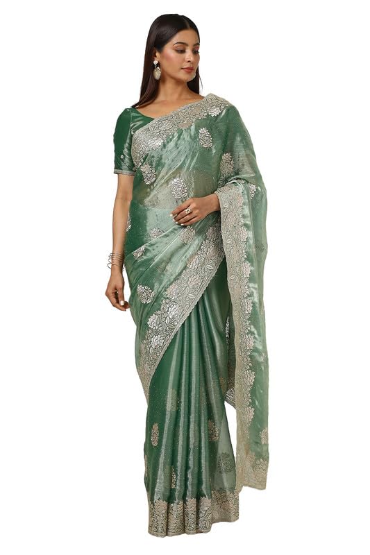 Soch Womens Light Green Organza Embroidered Saree With Stone Work