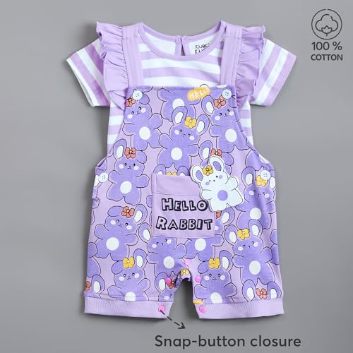 Hopscotch Girls Purple Short Sleeves 2-Pc Pure Cotton T-Shirt And Dungaree For Ages(9-12 Months)