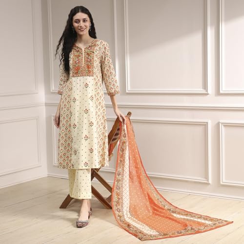 Biba Women Beige Cotton A-Line Printed Kurta Set_32