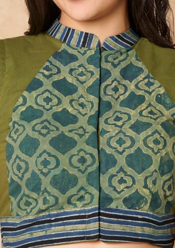 S SALWAR STUDIO Green Batik Pure Cotton Stand Collar Readymade Blouse